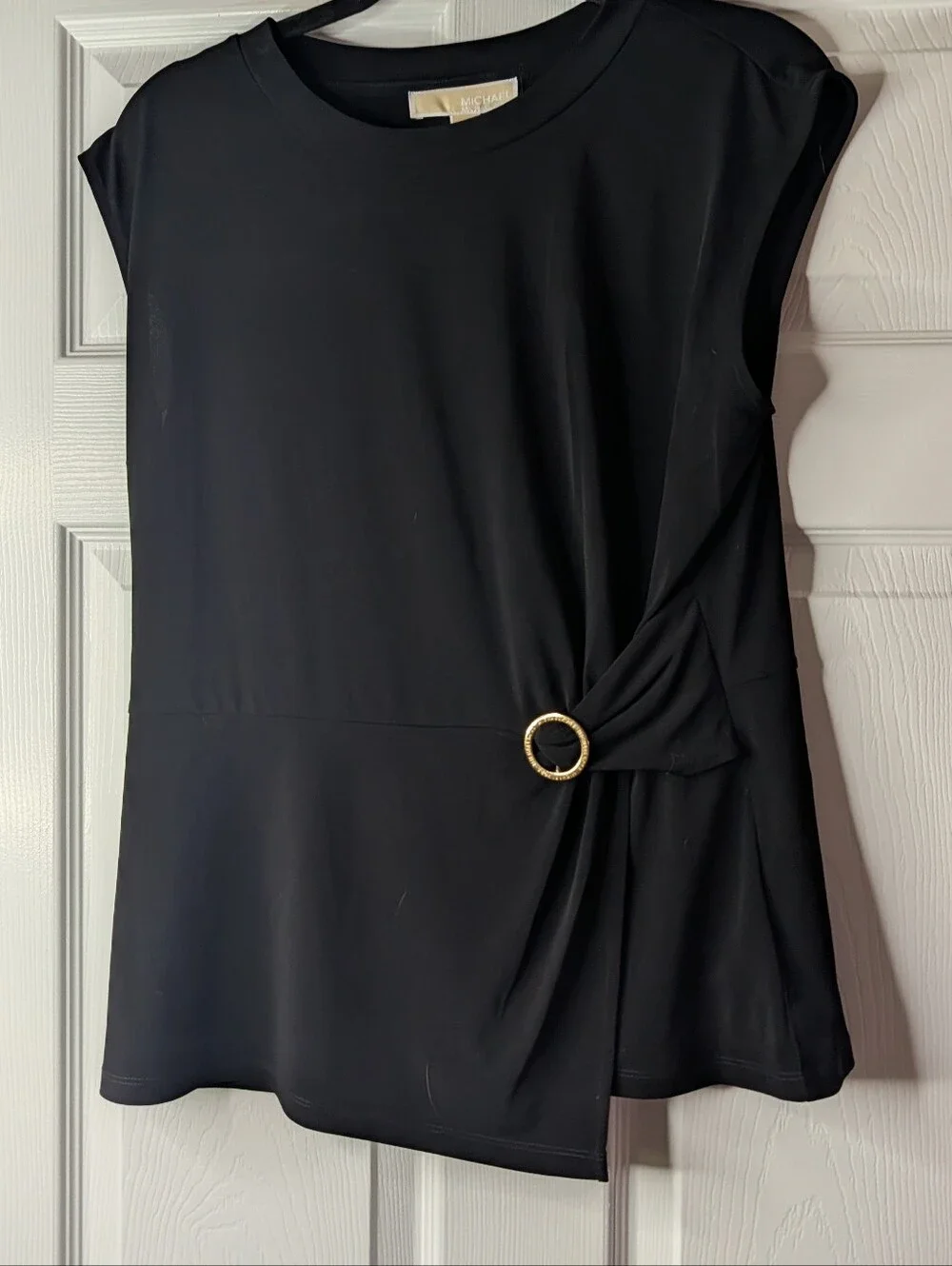 Michael Michael Kors Black Gold Ring Ruched Side Top Blouse Size Large